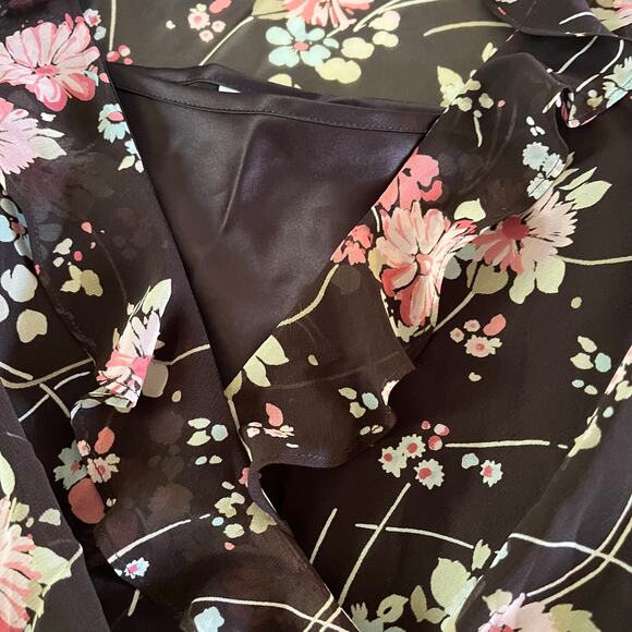Brown Floral Sheer Ruffle Baby Doll Wrap Blouse Top Sz 6P Forest Fairy Grunge - Picture 4 of 7